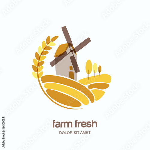 Vector logo, label, emblem with wheat, barley, or rye ears and windmill in field. Farm landscape isolated illustration. Concept for agriculture, organic cereal products, bread and bakery.