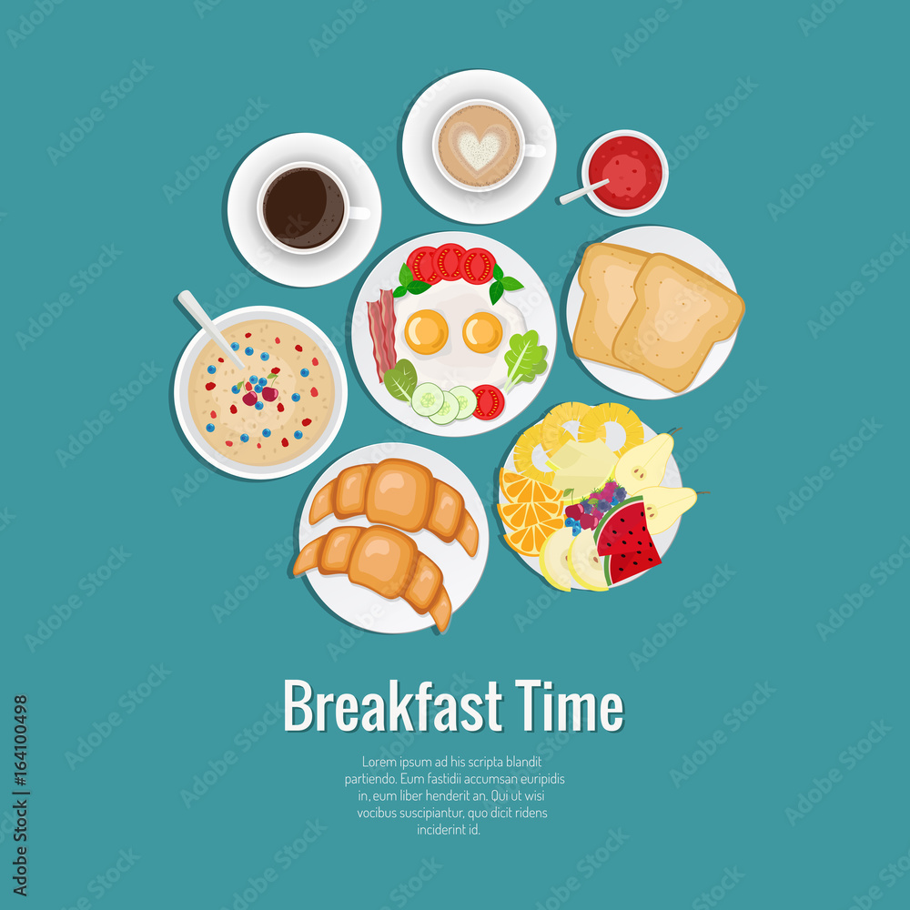 Breakfast set. Coffee, toasts, croissants, omellette with bacon, fruits, jam, oatmeal Breakfast set. Coffee, toasts, croissants, omellette with bacon, fruits, jam, oatmeal