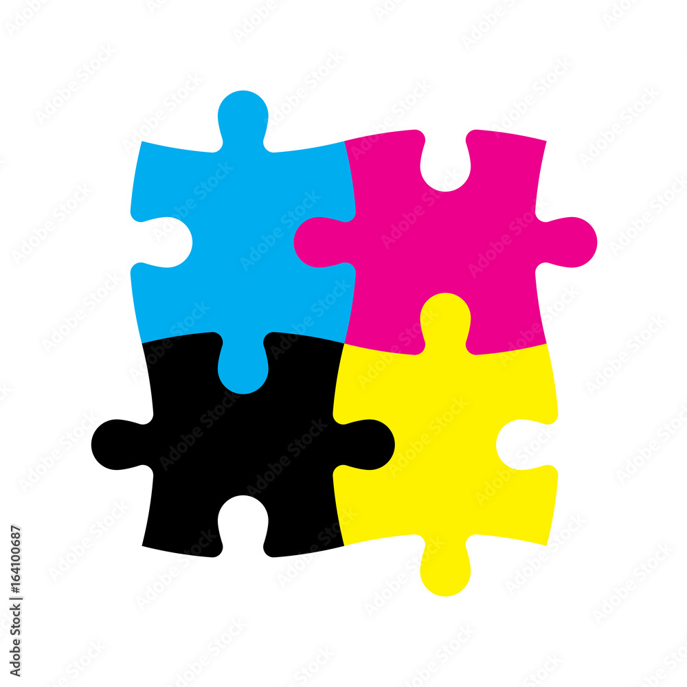 Four jigsaw puzzle pieces in CMYK colors. Printer theme. Vector illustration. Four jigsaw puzzle pieces in CMYK colors. Printer theme. Vector illustration.