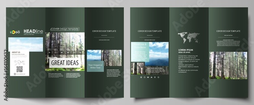 Tri-fold brochure templates on both sides. Abstract vector layout in flat design. Colorful background made of triangular or hexagonal texture for travel business, natural landscape in polygonal style.