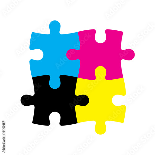Four jigsaw puzzle pieces in CMYK colors. Printer theme. Vector illustration.