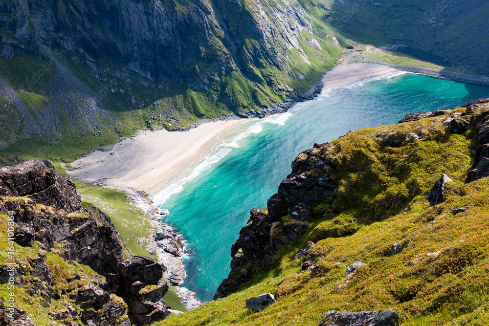 Amazing views from Ryten in Lofoten towards Kvalvika Beach, Norway Amazing views from Ryten in Lofoten towards Kvalvika Beach, Norway