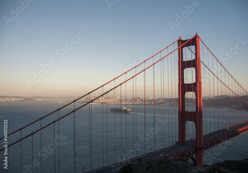 Golden gate bridge and ship, view of San Francisco