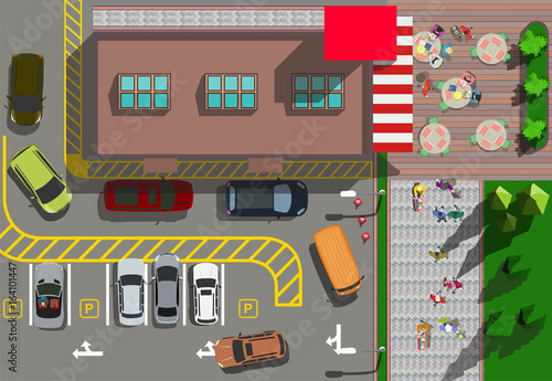 Top view fast food restaurant with cars parking
