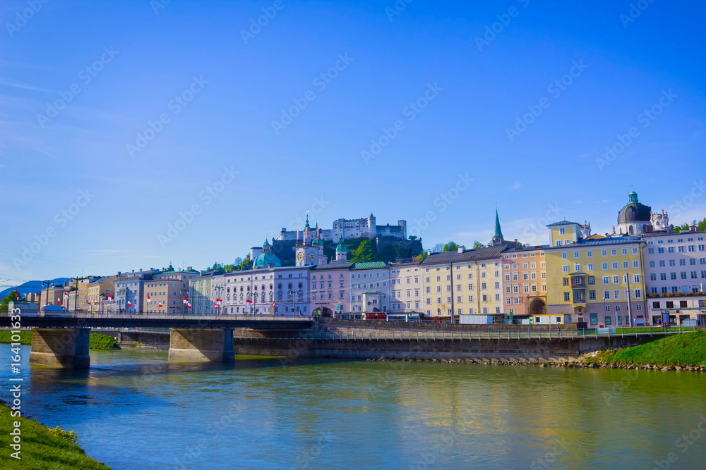 Panoramic view of Salzburg skyline with river Salzach, Salzburger Land, Austria