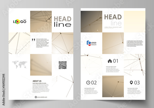 Business templates for brochure, flyer, booklet, report. Cover design template, vector layout in A4 size. Technology, science, medical concept. Golden dots and lines, digital style. Lines plexus.