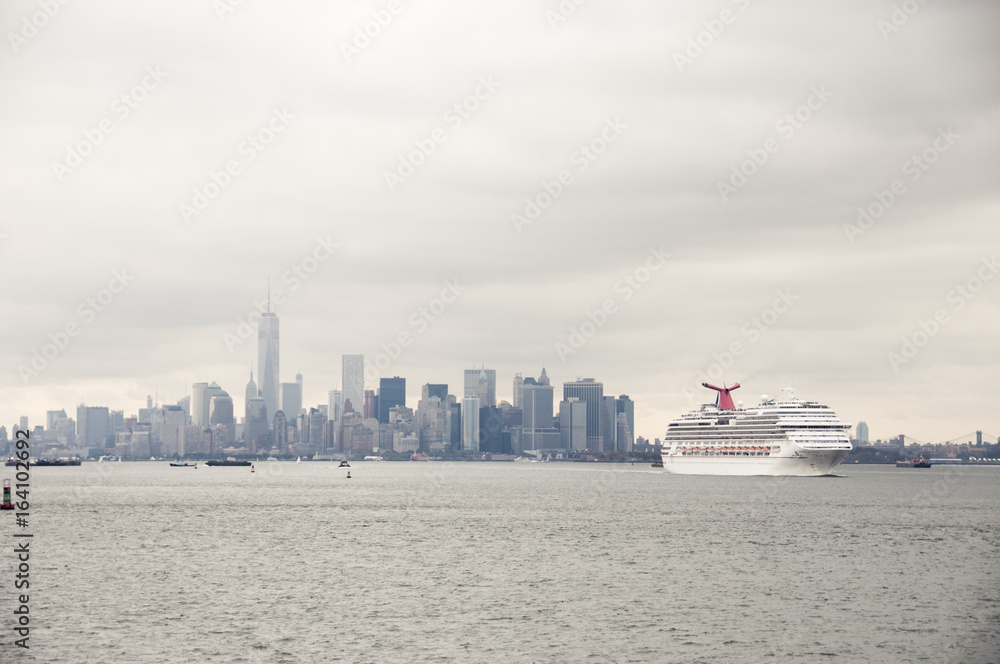Manhattan and cruise ship seen from the sea Manhattan and cruise ship seen from the sea