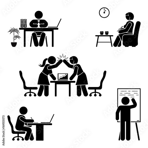 Stick figure office poses set. Business finance workplace support. Working, sitting, talking, meeting, training, discussing vector pictogram