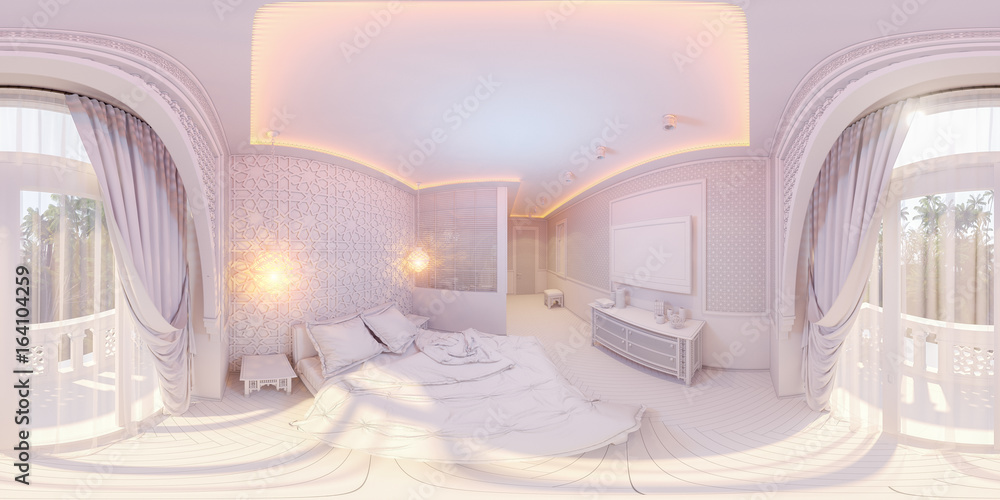 3d illustration spherical 360 degrees, seamless panorama of bedroom hotel  room in a traditional Islamic style. Beautiful deluxe room background  interior view decorated with arabian motifs. Stock Illustration | Adobe  Stock