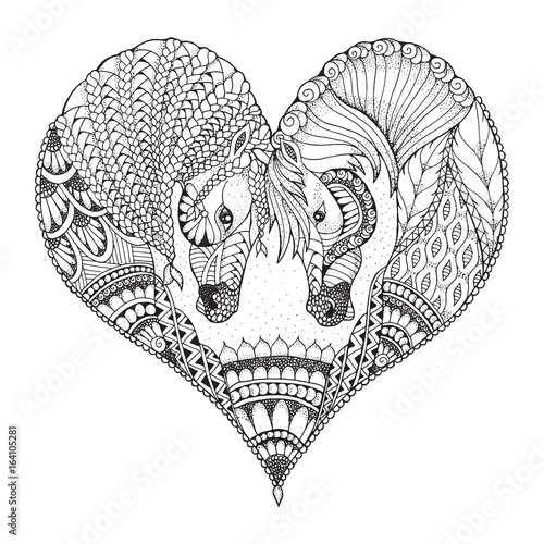 Two horses showing affection in a heart shape. Zentangle and stippled stylized vector illustration. Pattern. Black and white illustration on white background. Adult anti-stress coloring book.
