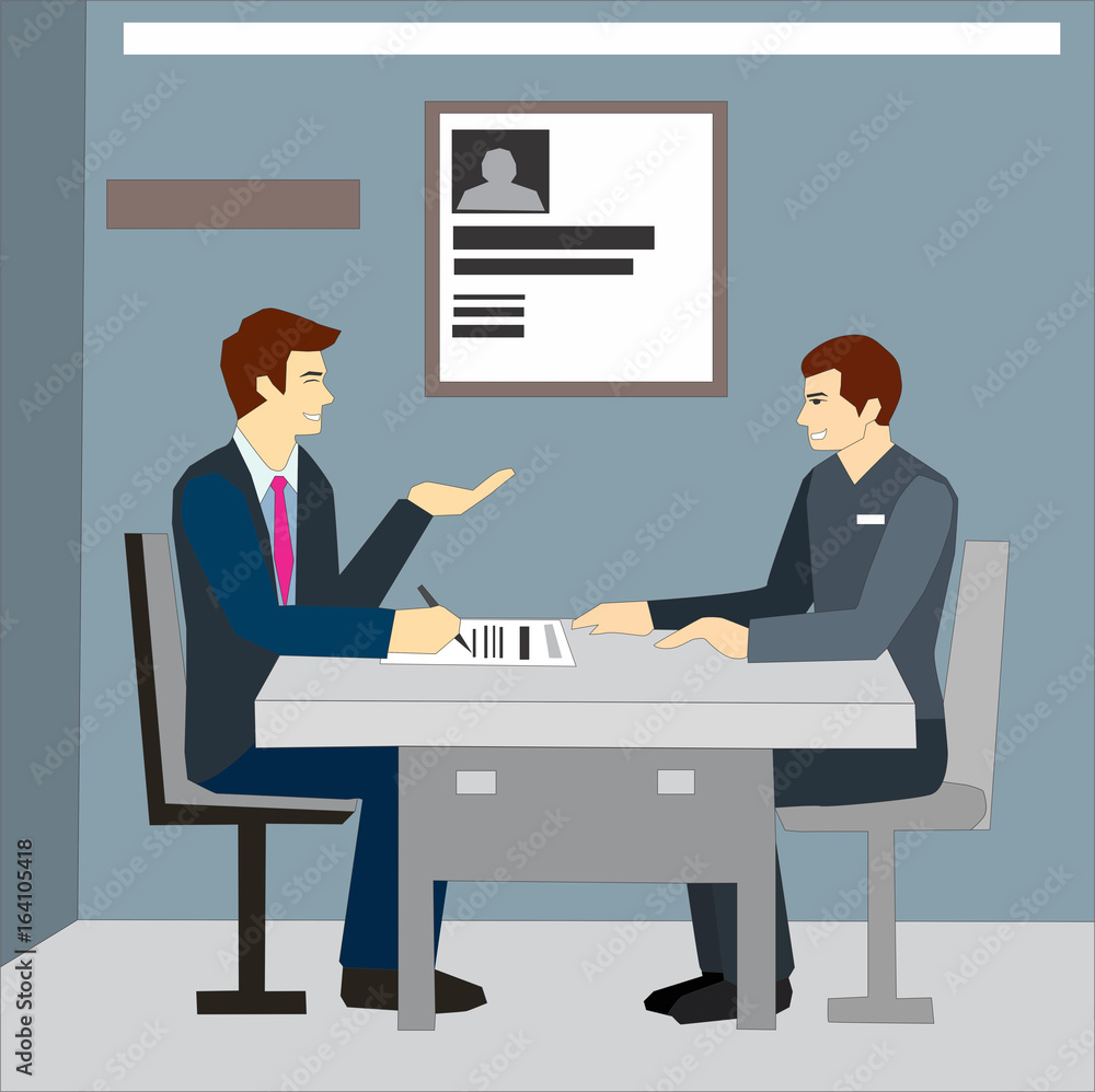 Employer interviewing a young male job seeker for a business vacancy sitting at a table reading his CV. Job interview concept illustration vector. Employer interviewing a young male job seeker for a business vacancy sitting at a table reading his CV. Job interview concept illustration vector.