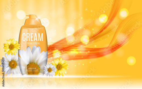 Shower Gel, Cream Bottle with Flowers Chamomile Template for Ads