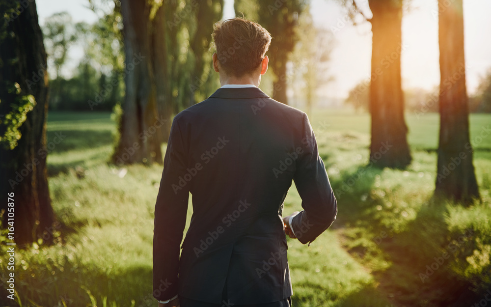 Obraz premium Young businessman walking among majestic, old trees