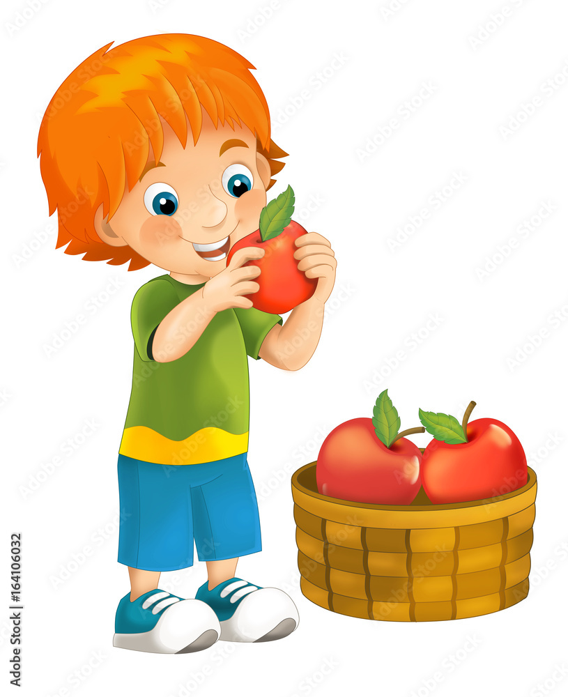 cartoon happy and funny looking boy holding and eating apples ...