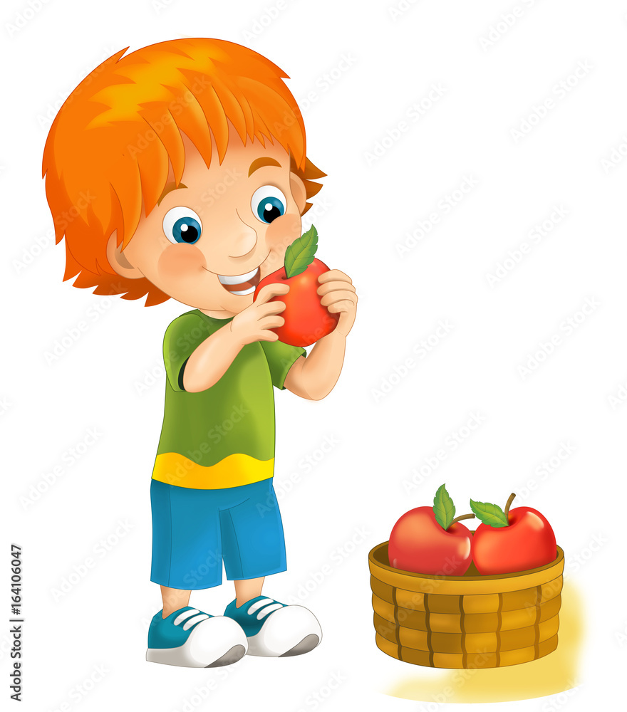 cartoon happy and funny looking boy holding and eating apples - activity - illustration for children cartoon happy and funny looking boy holding and eating apples - activity - illustration for children