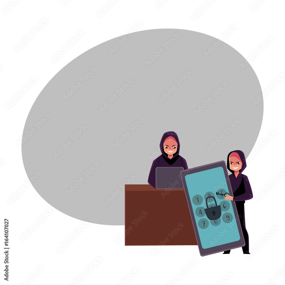 Young man in black hoodie hacking system using laptop, cracking smartphone pin code, cartoon vector illustration with space for text. Cybercrime, Internet fraud, hacker at work Young man in black hoodie hacking system using laptop, cracking smartphone pin code, cartoon vector illustration with space for text. Cybercrime, Internet fraud, hacker at work