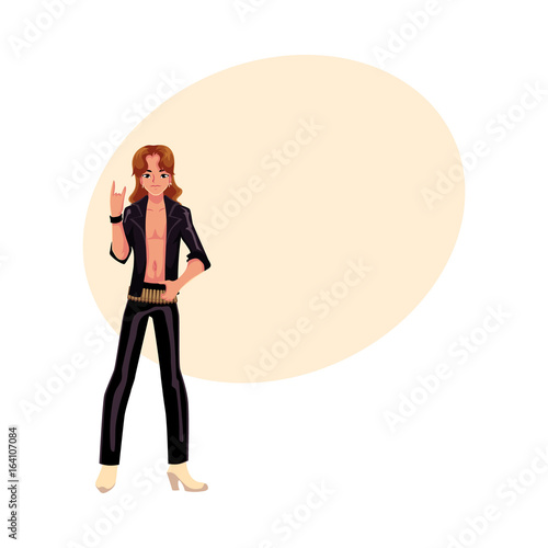 Young man wearing black leather clothes dressed as glam rock star, cartoon vector illustration with space for text. Full length portrait of young man dressed as glam rock star