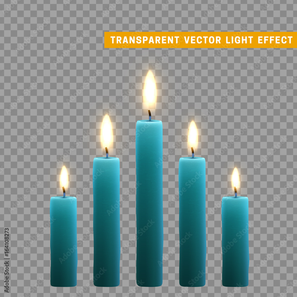 Candles burn with fire realistic. Set isolated on transparent background. Element for design decor, vector illustration Candles burn with fire realistic. Set isolated on transparent background. Element for design decor, vector illustration