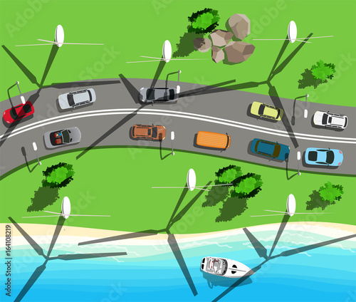 Top view eco energy and road near the sea