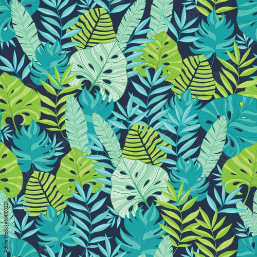 Vector green and navy blue scattered tropical summer hawaiian seamless patter...