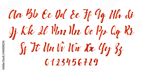 Latin alphabet red. Letter font style ribbon