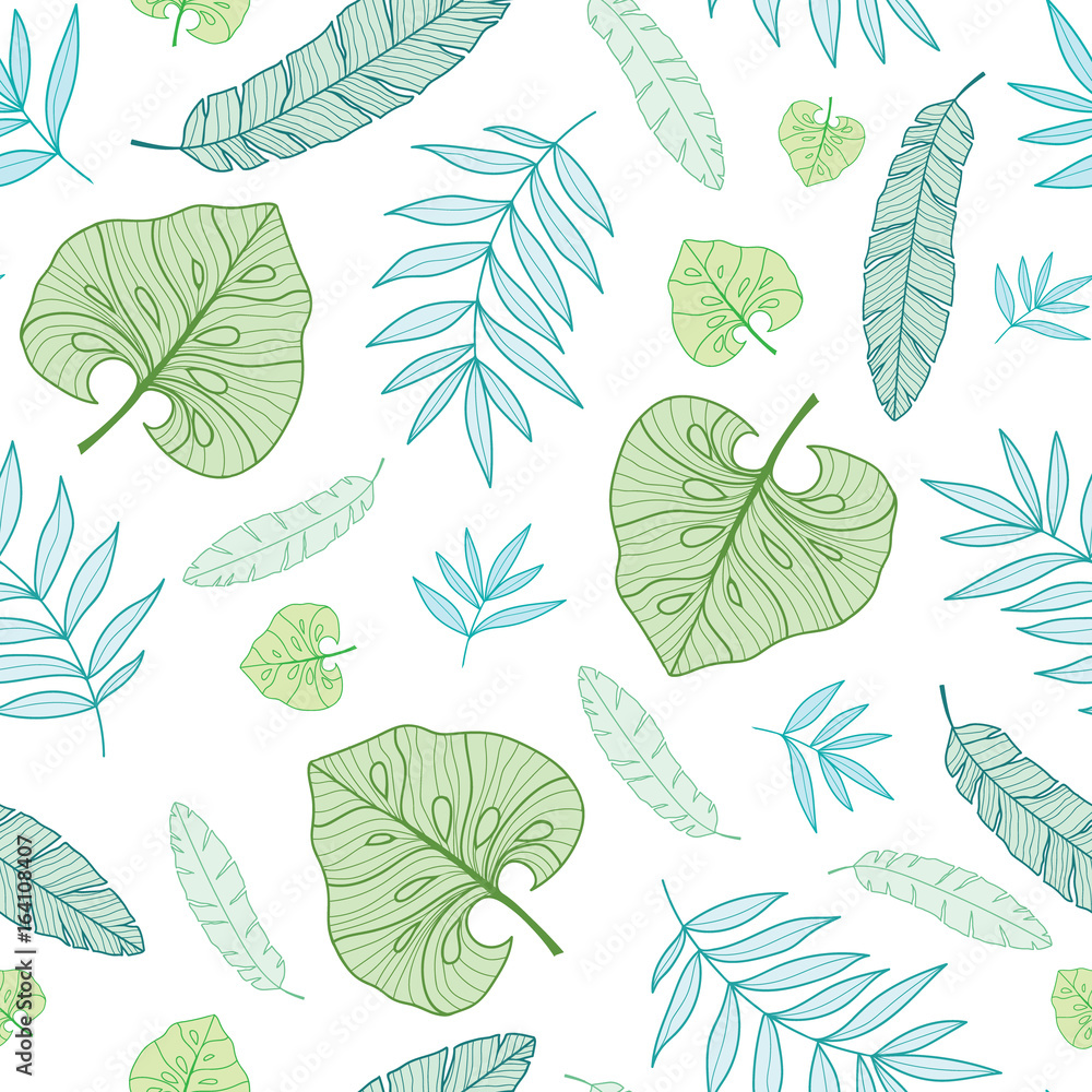 Vector pastel tropical drawing summer hawaiian seamless pattern with tropical green plants and leaves on navy blue background. Great for vacation themed fabric, wallpaper, packaging.