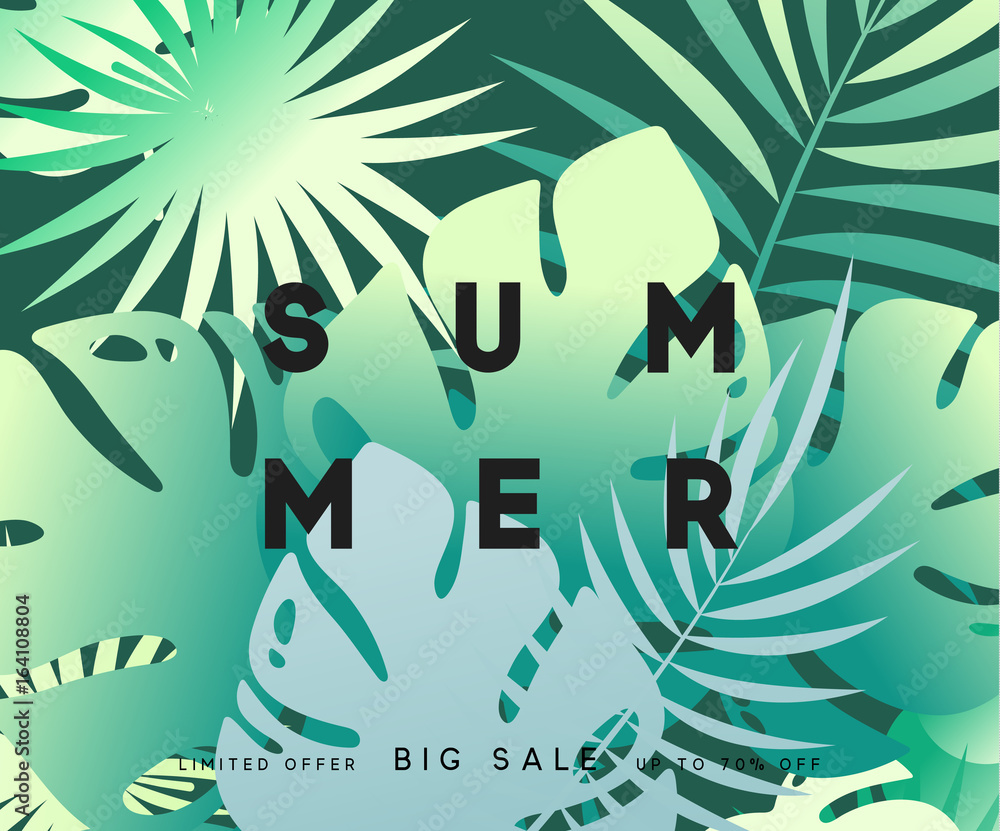 Fototapeta premium Summer banner tropical background. Summer season, design poster with leaves