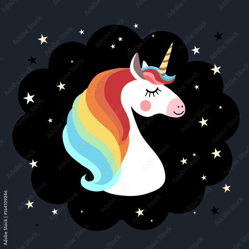 Unicorn head with a rainbow mane and stars in the black background ...