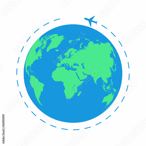 Flying plane around the world. The path plane, airplane route. Planet Earth icon