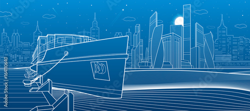 Ship on the river. Modern city in the background. White lines infrastructure illustration. Vector design art