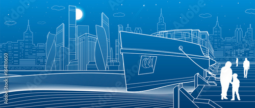 Ship on the river. People are walking on the pier. Modern city in the background. White lines infrastructure illustration. Vector design art