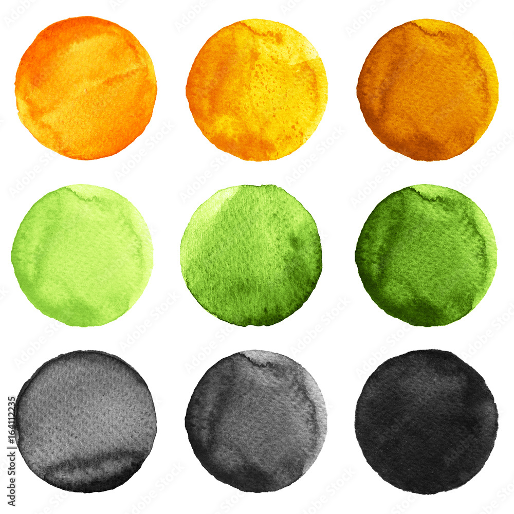 Abstract watercolor round painted backgrounds, blobs of blue, yellow, orange, black colors Abstract watercolor round painted backgrounds, blobs of blue, yellow, orange, black colors