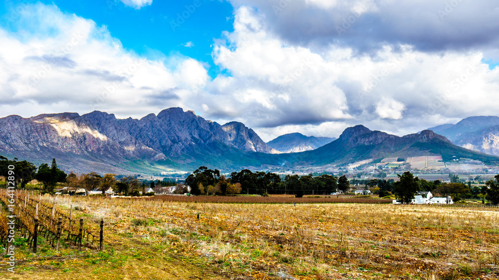 Franschhoek Valley in the Western Cape of South Africa with its many vineyards and Middagskransberg and the Wemmershoek Mountains in the background