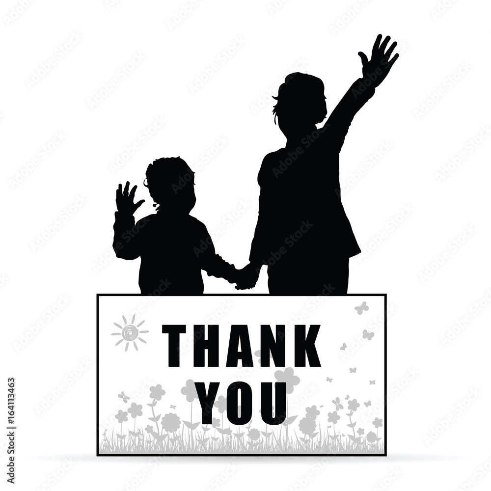 children with card thank you and flowers set illustration