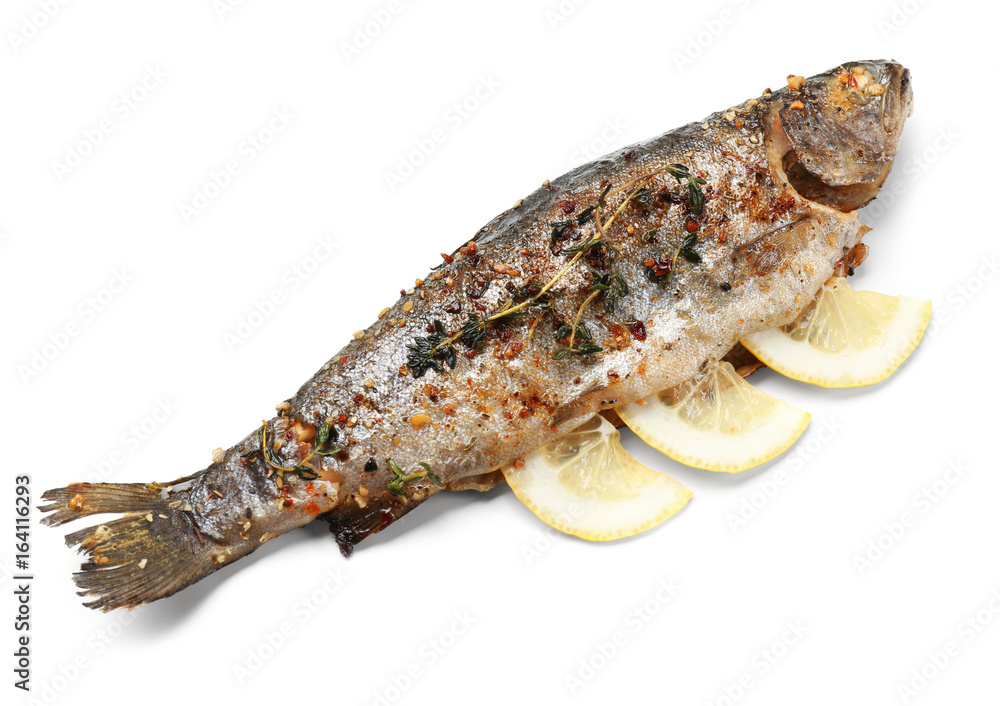 Delicious freshly fried fish with lemon slices on white background Delicious freshly fried fish with lemon slices on white background