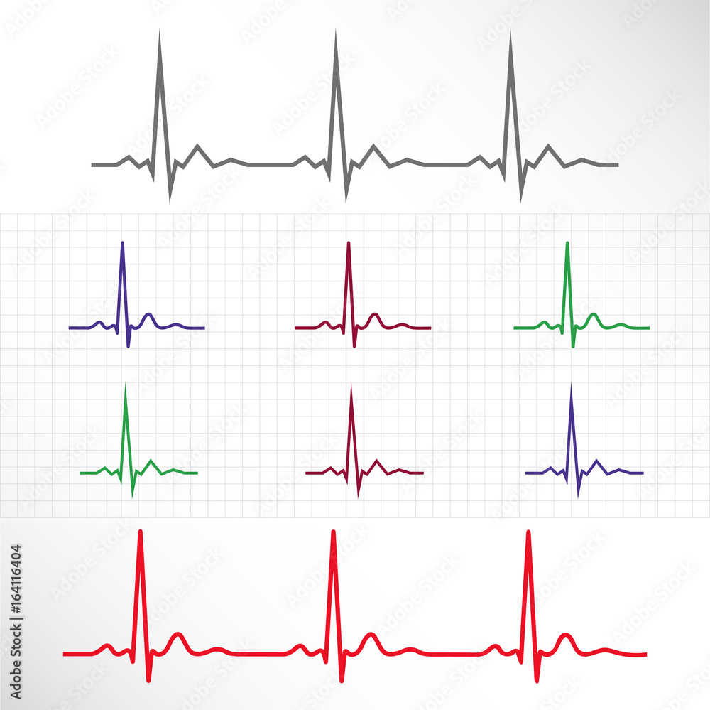 Realistic and stylized elements and lines of normal ECG in different colors with background.