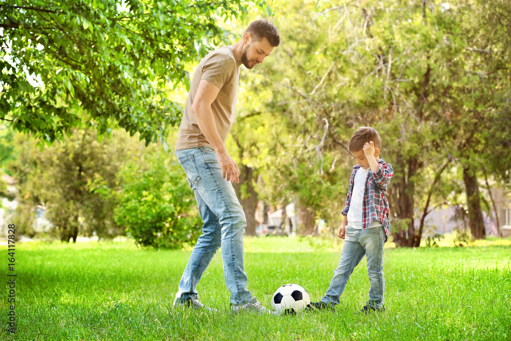 Dad and son playing football together on green meadow Dad and son playing football together on green meadow