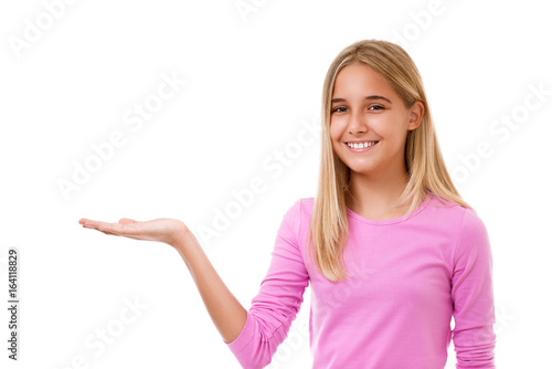 Wallpaper Mural Beautiful girl showing something on the palm of her hand.Isolated Torontodigital.ca