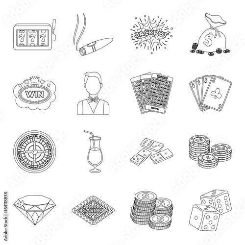 Roulette, cards, croupier, alcohol, and other attributes. Casino and gambling set collection icons in line style vector symbol stock illustration web.