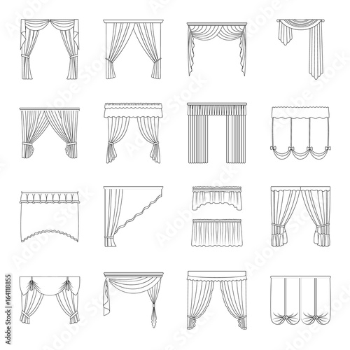 Fabric, textiles, interior and other curtains elements. Curtains set collection icons in line style vector symbol stock illustration web.