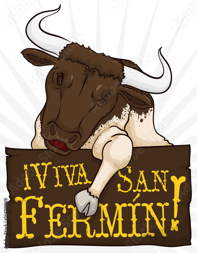 Bull over Wooden Sign for Festival of Spanish San Fermin, Vector Illustration