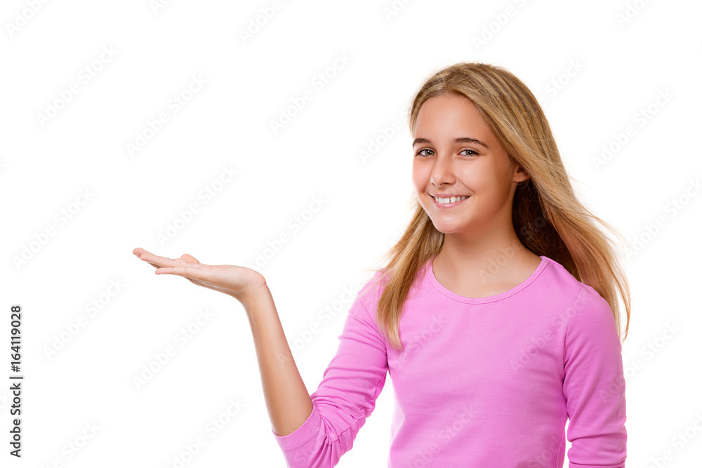 Beautiful girl showing something on the palm of her hand.Isolated Beautiful girl showing something on the palm of her hand.Isolated