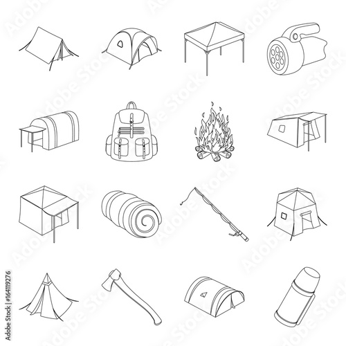 Various kinds of tents and other tourist accessories. The tent set collection icons in line style vector symbol stock illustration web.