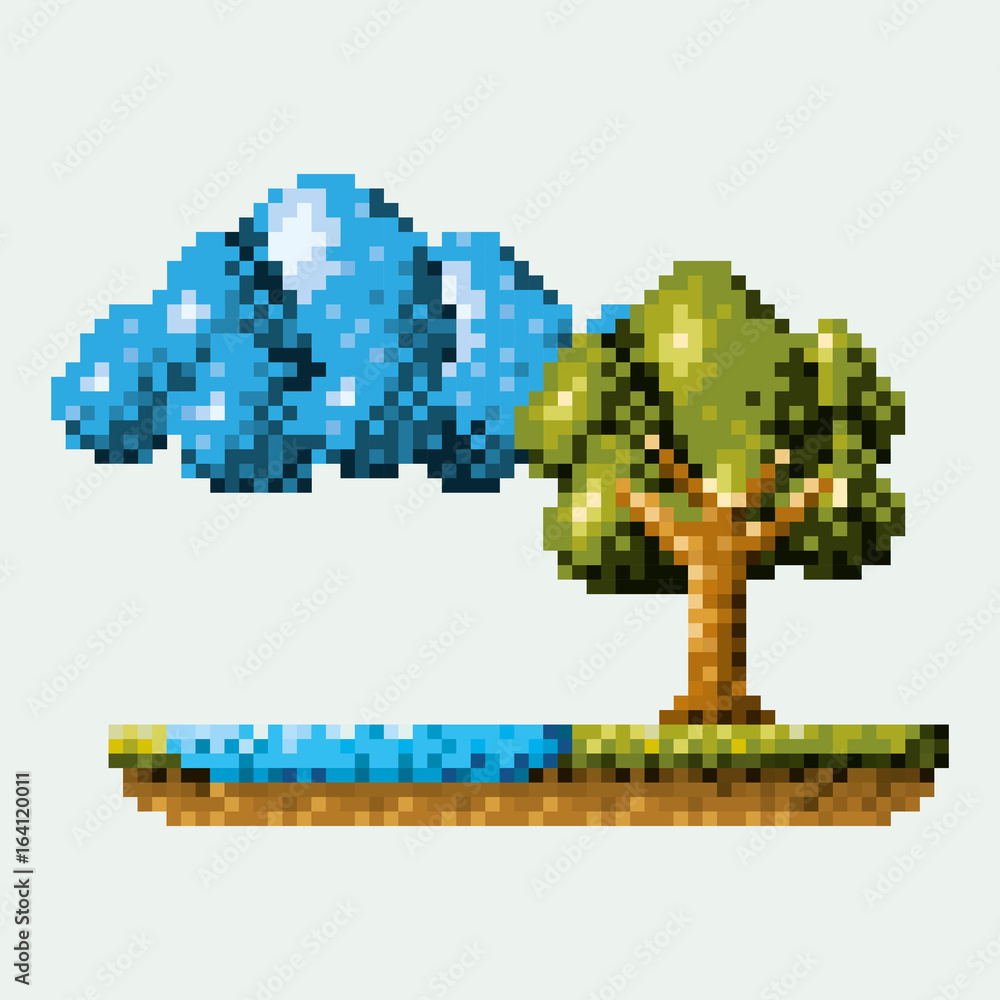 Obraz premium color pixelated forest landscape in meadow with tree next to the river and cloud vector illustration