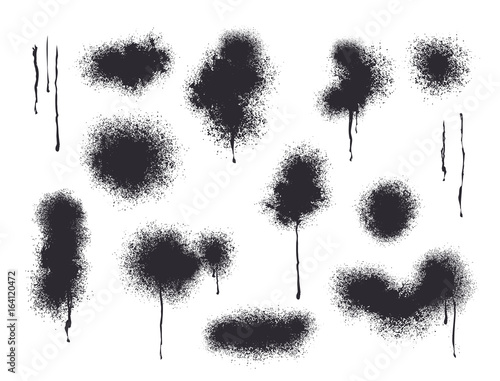 Abstract black spray on white background, ash particles. Spray effect, exploding, black drops. Grunge effect, spread texture, noise, vector ink backdrop, paint banner.