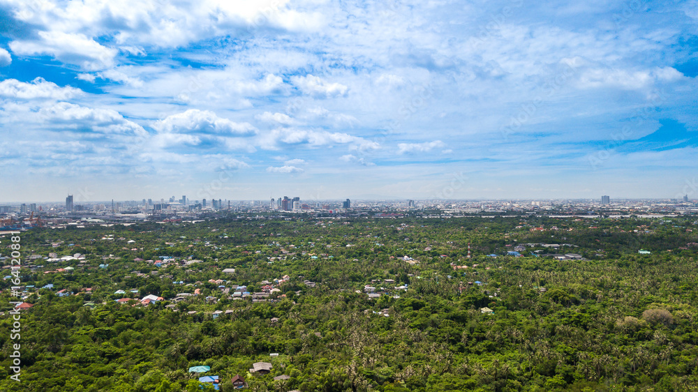 Aerial View of Bangkok skyline and view of Chao Phraya River View from green zone in Bang Krachao, Phra Pradaeng, Samut Prakan Province. Aerial View of Bangkok skyline and view of Chao Phraya River View from green zone in Bang Krachao, Phra Pradaeng, Samut Prakan Province.