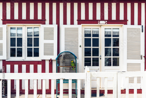 Typical small wooden houses with colorful stripes in Costa Nova. Aveiro. Portugal.