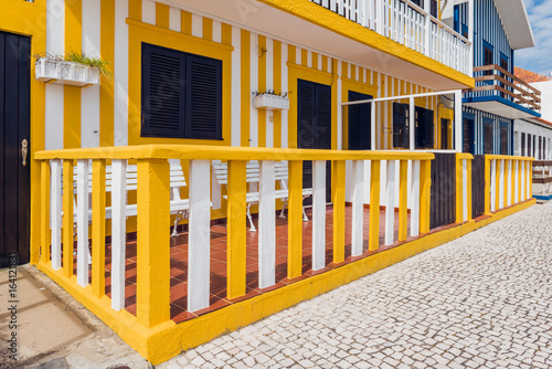 Typical small wooden houses with colorful stripes in Costa Nova. Aveiro. Portugal.