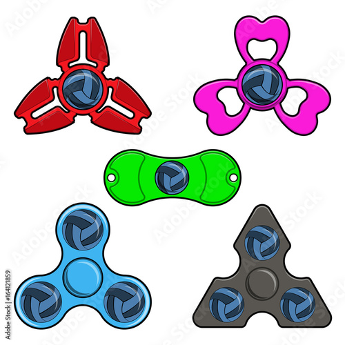 Hand spinner toys with volleyball ball, flat vector icons