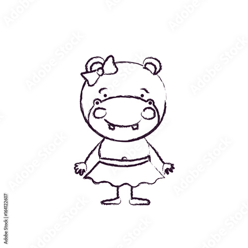 blurred silhouette caricature of cute expression female hippo in skirt with bow lace vector illustration